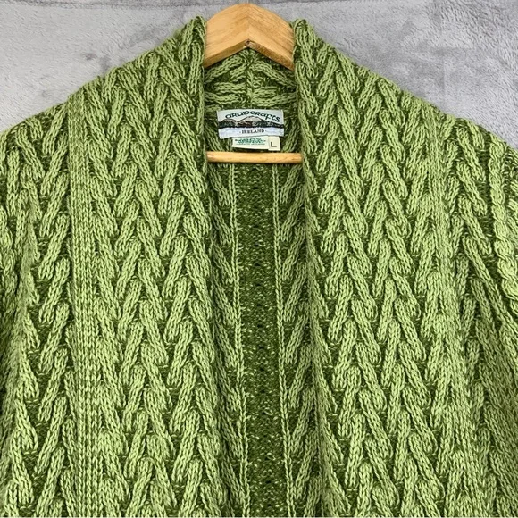 AranCrafts Women’s Size Large 100% Merino Wool Open Cardigan Sweater. Green. - Picture 3 of 6